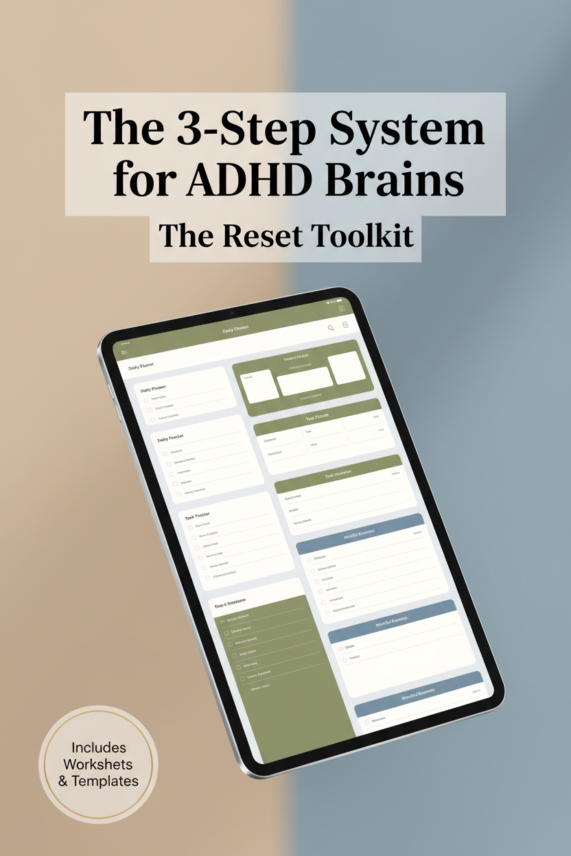 The Reset Toolkit - device mockup showing worksheets and templates in warm sand and dusty blue