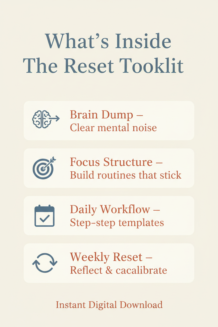 The Reset Toolkit - what's inside infographic: Brain Dump, Focus Structure, Daily Workflow, Weekly Reset